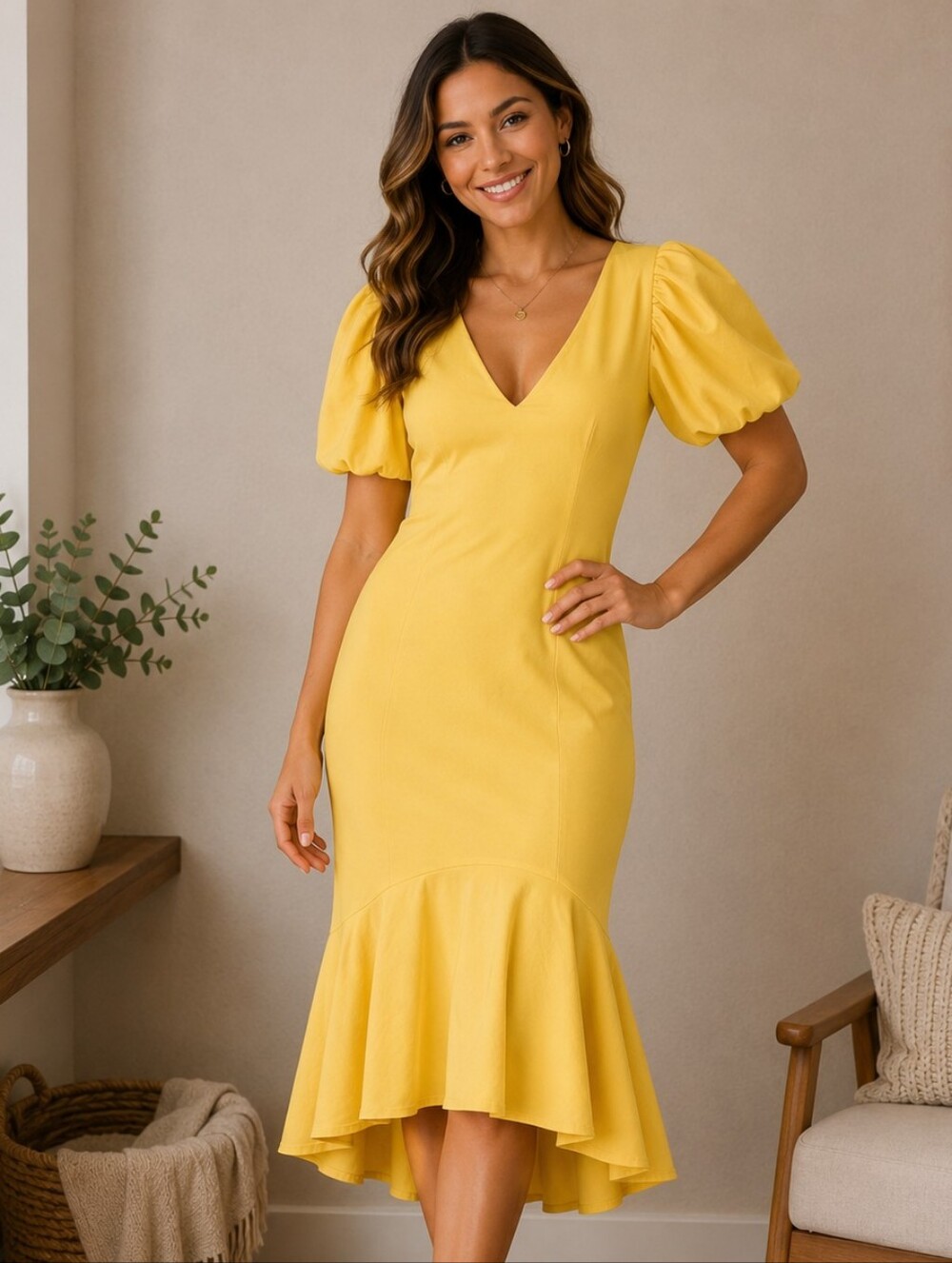 Sunny Yellow V-Neck Midi Dress with Puff Sleeves